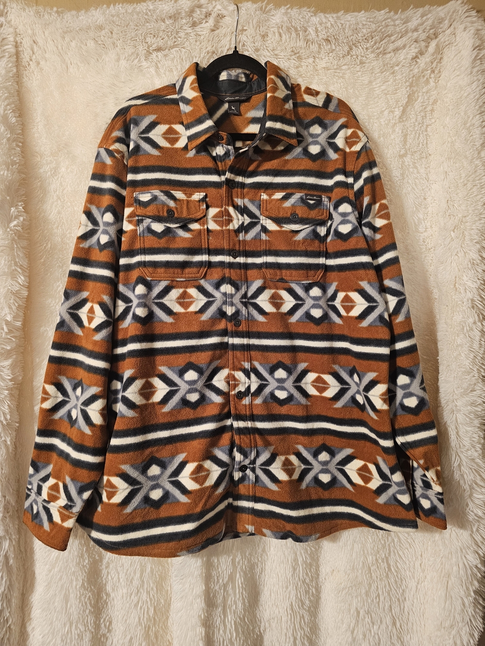 Eddie Bauer Orange, Navy & White Geometric Fleece Shirt Jacket